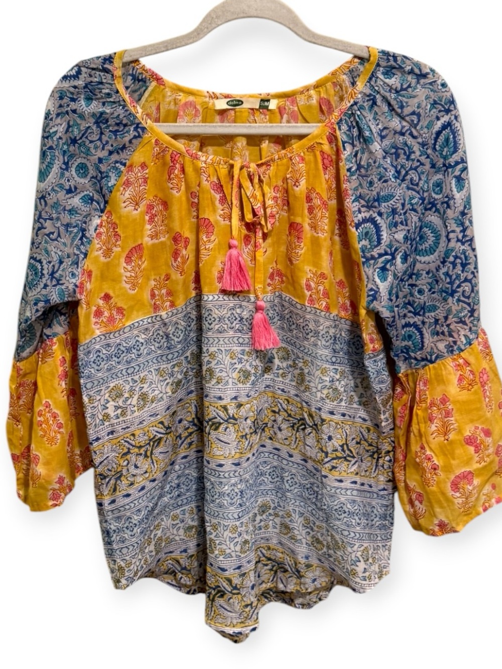 Dolma Block Print Patchwork Cotton Peasant Top Tassel Tie Boho S/M